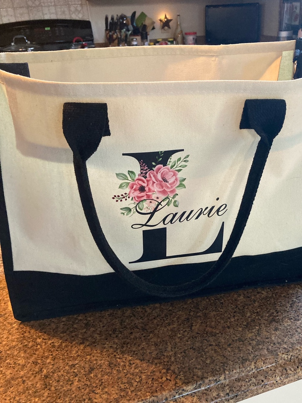 Personalized Laurie Canvas Tote Bag with Floral Monogram - Ivory and Black New